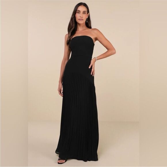 Lulus Celebratory Aesthetic Black Pleated Strapless Maxi Dress Size Large - Picture 2 of 7